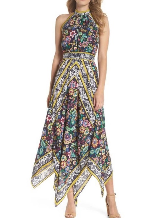 Eliza J Dresses & Skirts - Eliza J navy Floral Halter Maxi with handkerchief hem